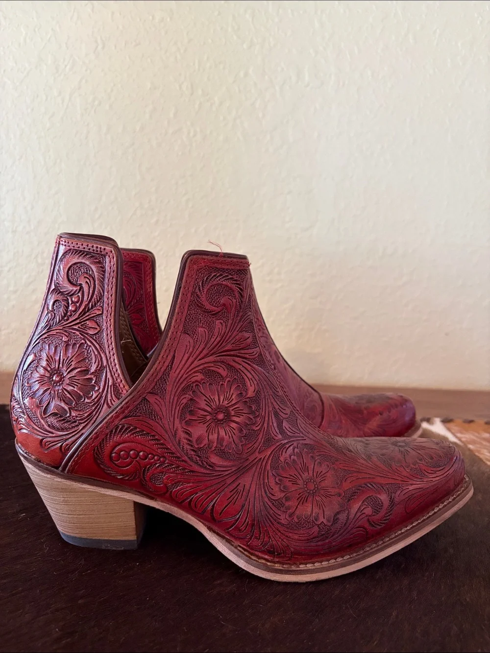 Myra Bag Red Tooled Floral Leather Ankle Booties - Picture 5 of 12